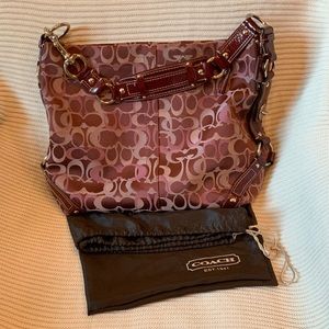 COACH Signature Jacquard CarlyBag in Burgundy/pink